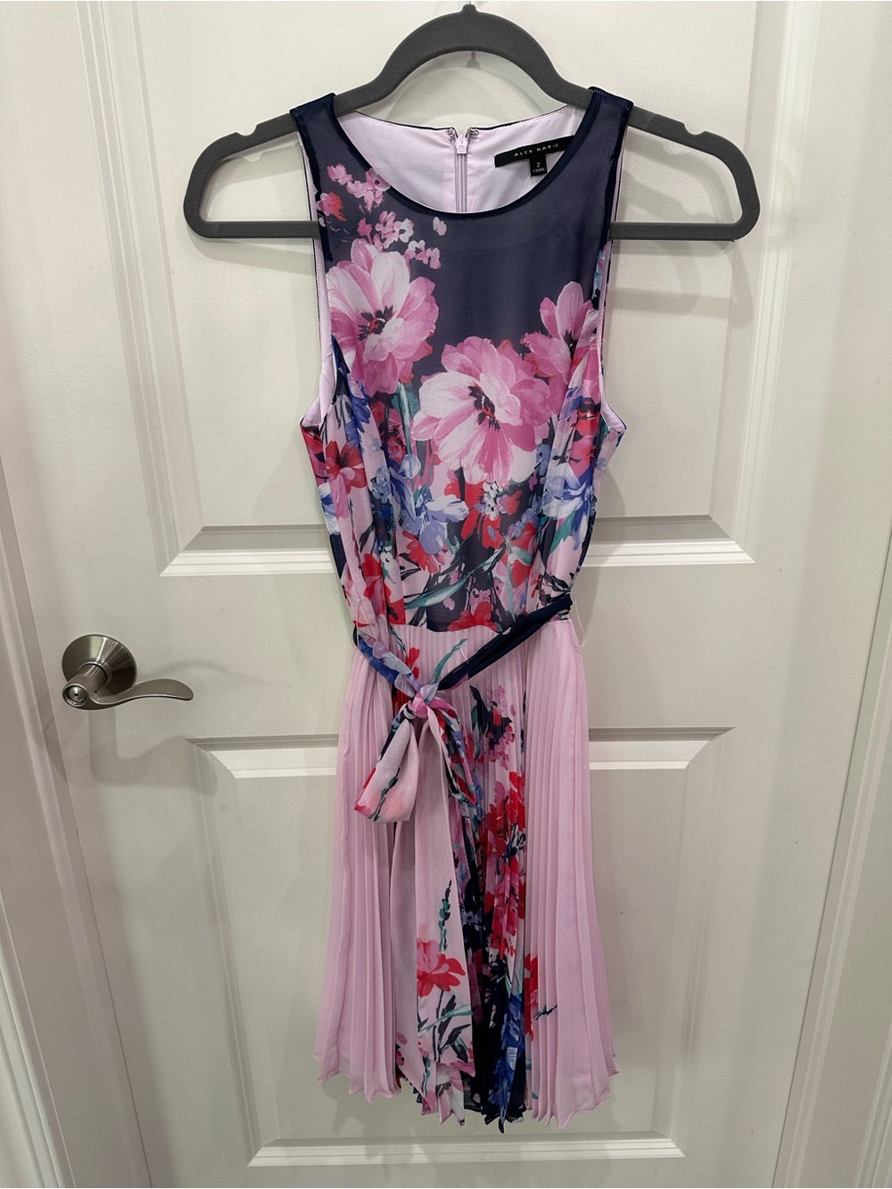 Alex Marie Navy and Pink Floral Pleated Midi Dress with Tie